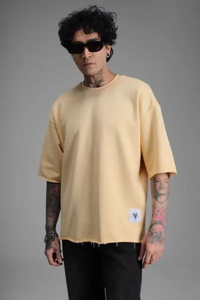 TRICOU BARBATI OVERSIZED YELLOW-BEIGE RAW EDGE STREETWEAR (MĂRIME: XL)