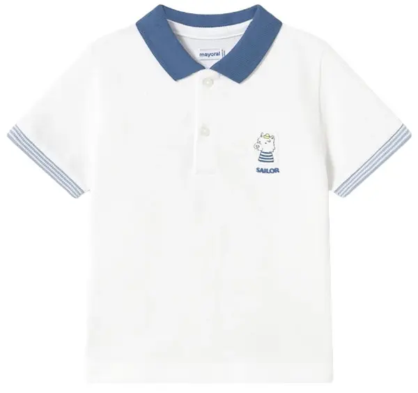 Tricou cu guler polo Mayoral - Alb, cu imprimeu, 6 luni