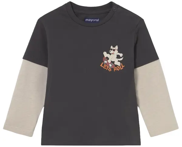Tricou cu mânecă dublă Mayoral - Cățeluș pe skateboard, gri , 18 luni
