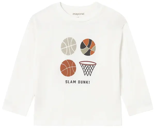 Tricou cu mânecă lungă Mayoral - Imprimeu de baschet, alb, 18 luni