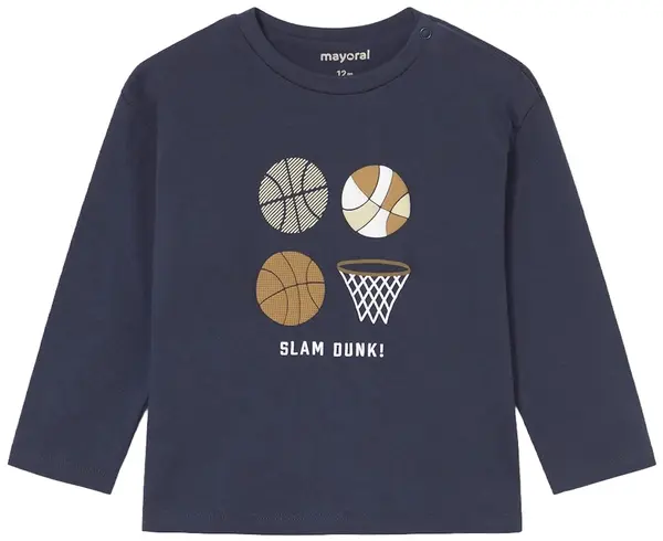 Tricou cu mânecă lungă Mayoral - Imprimeu de baschet, albastru închis, 12 luni