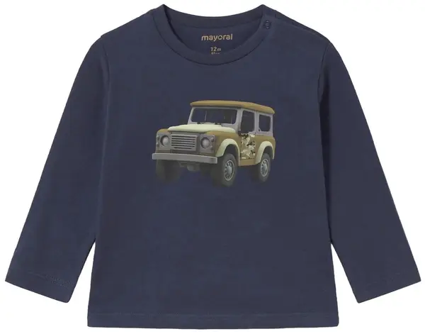 Tricou cu mânecă lungă Mayoral - Jeep de safari, albastru închis, 18 luni