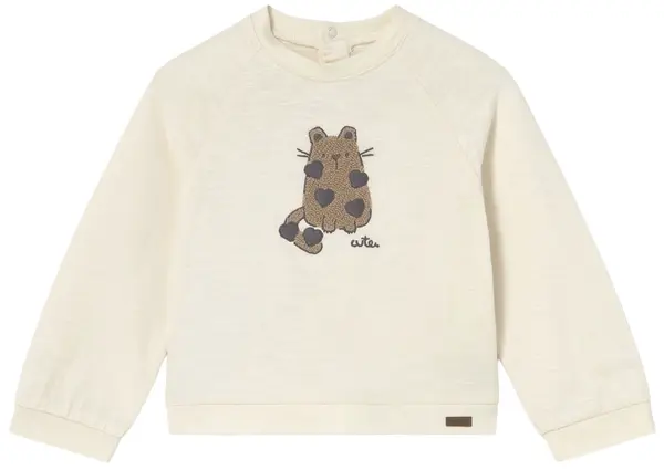 Tricou cu mânecă lungă Mayoral - Pisicuță maro cu inimioare, crem, 12 luni