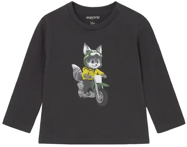 Tricou cu mânecă lungă Mayoral - Pisicuță motociclistă, gri, 12 luni