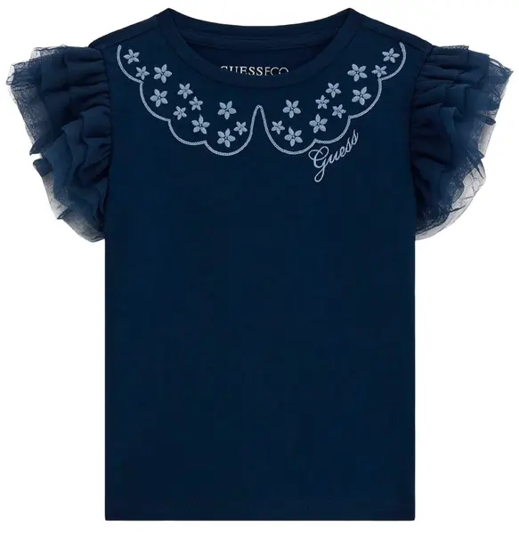 Tricou cu mânecă scurtă Guess - Cu volane, albastru închis, 24 luni