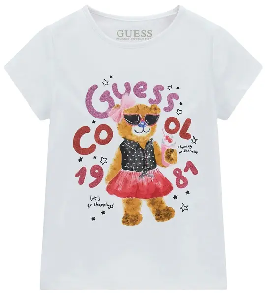 Tricou cu mânecă scurtă Guess - Ursuleț cu rochie, alb, 6-9 luni
