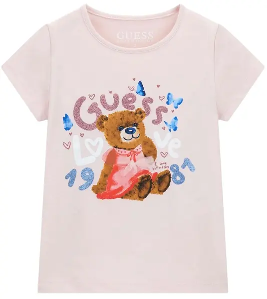 Tricou cu mânecă scurtă Guess - Ursuleț cu rochie, roz, 12 luni