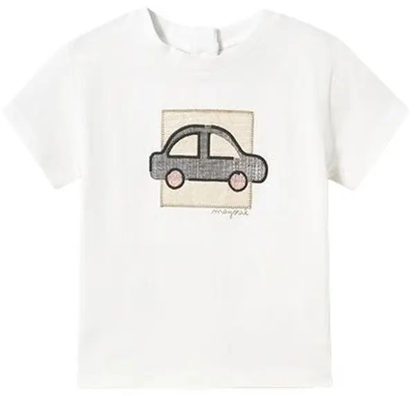 Tricou cu mânecă scurtă Mayoral - Alb, cu mașinuță, 12 luni