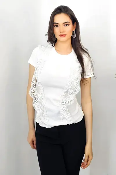 Tricou dama Abe, cu rejansa din dantela si textura striata, Alb, Marime universala S/M