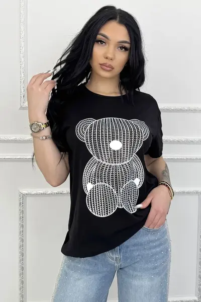 Tricou de dama din bumbac, Lumibear cu pietre si imprimeu, Negru
