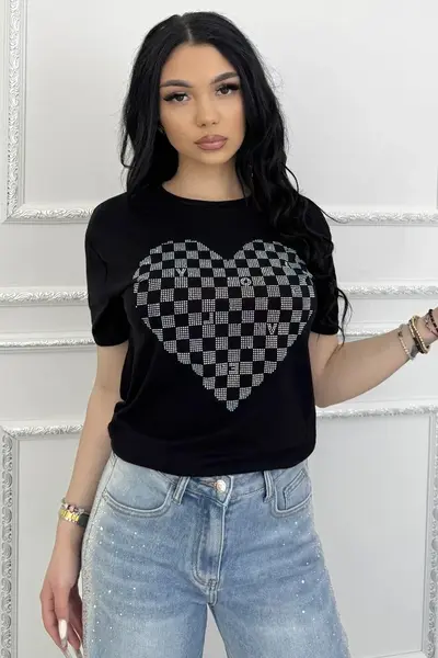 Tricou de dama din bumbac, Lumiheart cu pietre si imprimeu, Negru