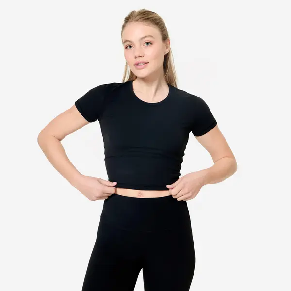 Tricou de yoga și pilates, elastic și moale, Breathe negru, damă