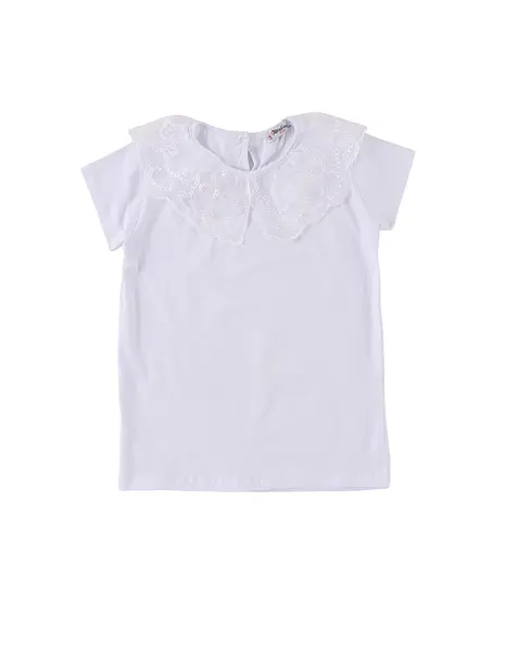 Tricou din bumbac, alb cu guler brodat