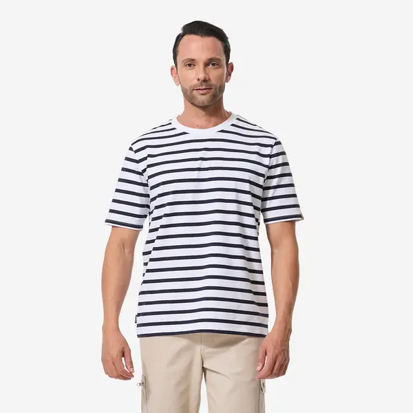 Tricou navigație 100 Alb dungi albastru Bărbați