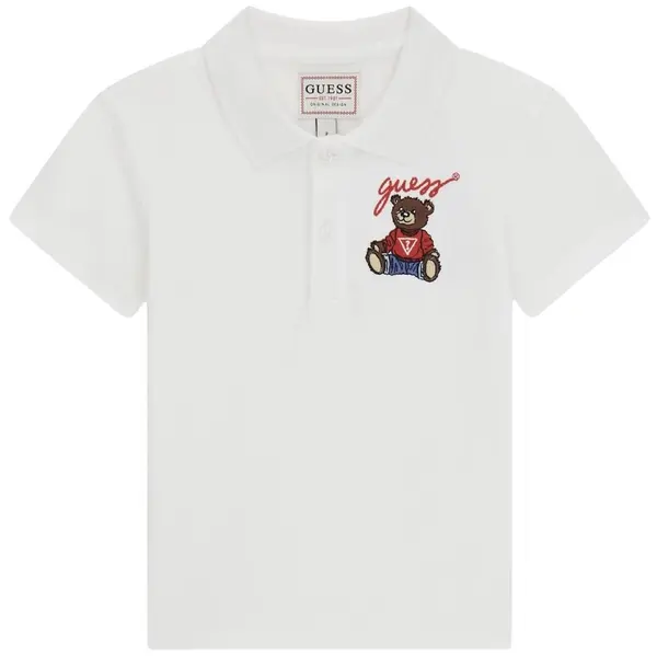 Tricou polo Guess - Cu ursuleț brodat, alb, 6-9 luni