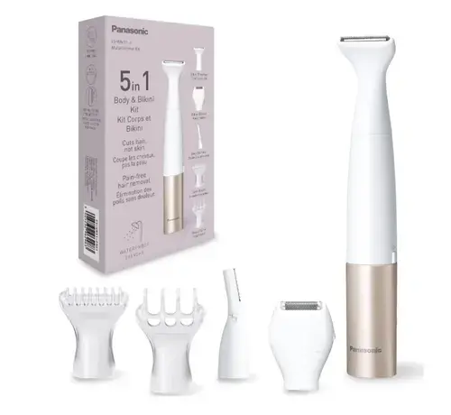 Trimmer 5in1 Panasonic ES-WM31-P301, pentru corp cu accesorii interschimbabile, Wet & Dry, lame otel inoxidabil hipoalergenic si rotunjite pe margini (Roz/Alb)
