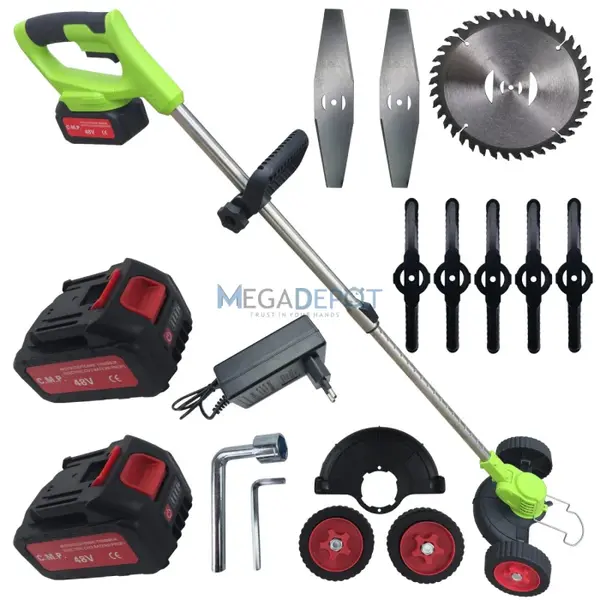Trimmer electric pe acumulator Nowa cu roti, 48V, 2 acumulatori 6000mAh, brat telescopic 90-125 cm, diametru taiere 300 mm, 12 componente+ roti de sprijin