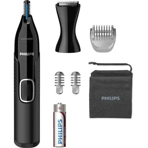 Trimmer pentru nas/urechi Philips NT5650/16, Baterie, Lavabil, Umed si suscat, Tehnologie Precision Trim, otel inoxidabil, Pieptane sprancene, 2 piepteni 3-5 mm, Negru