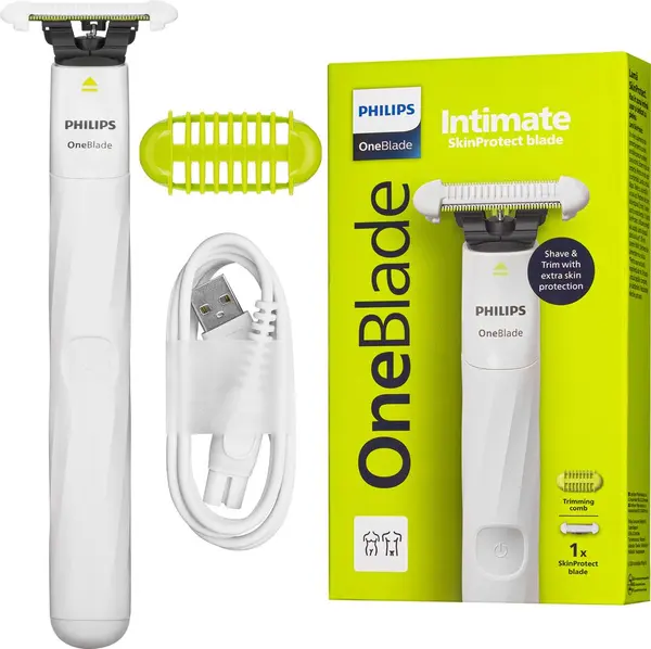 Trimmer Philips - OneBlade QP1924/22, pentru zone intime, alb