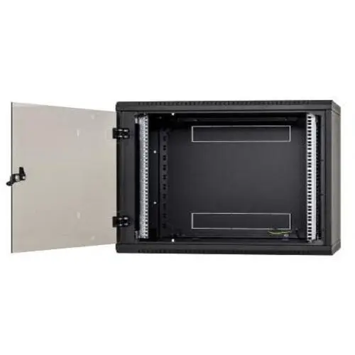 TRITON Rack de perete Triton sectiune simpla 12U 500mm adancime usa sticla panouri laterale fixe sectiuni ventilatie activa, sectiuni acces cabluri sus/jos/spate securizare cu cheie, 1 pereche montanti reglabili IP30, Negru