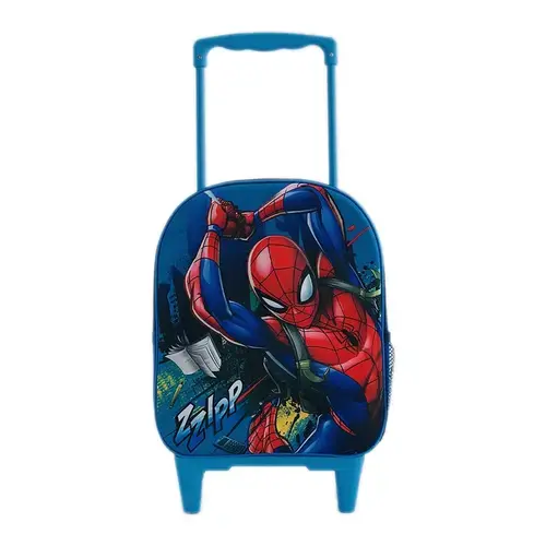 Troler 3D Spiderman cu 1 compartiment mare cu fermoar, 1 buzunar lateral, 2 roti de silicon, 2 bretele reglabile, marime 38.5 x 28 x 13.5cm