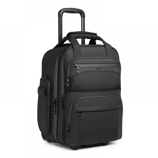 Troler cabina avion, OZUKO, material oxford impermeabil, maner telescopic, 39L, 2 roti, structura multi divizata, 46x33x24 cm, negru