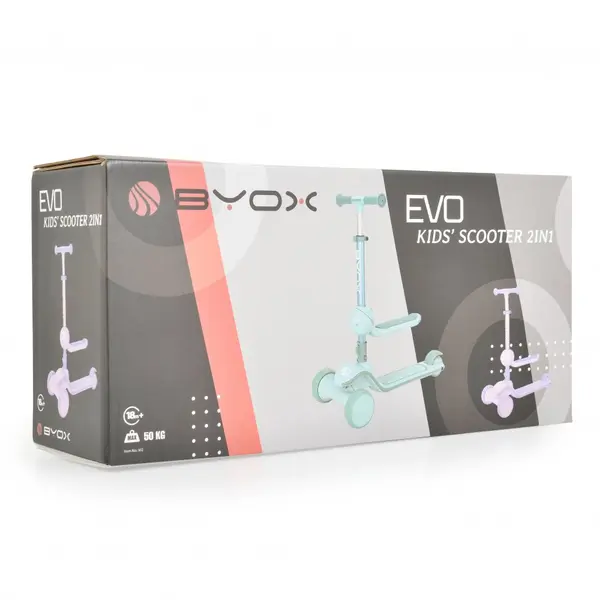 Trotineta 2in1 pentru copii Byox Evo Mint de la 18 luni, cu scaunel pliabil, roti ABEC-5 din PU cu lumini LED, Ghidon cu inaltime reglabila 63-75 cm si frana spate