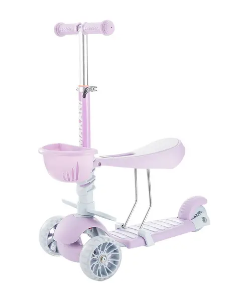 Trotineta 3in1 Makani BonBon Candy Lilac,Roti frontale cu lumini LED,Frana pe roata spate,Maner reglabil pe 3 nivele de inaltime,Scaun reglabil,Placuta antiderapanta,Manere ergonomice,Cosulet frontal inclus
