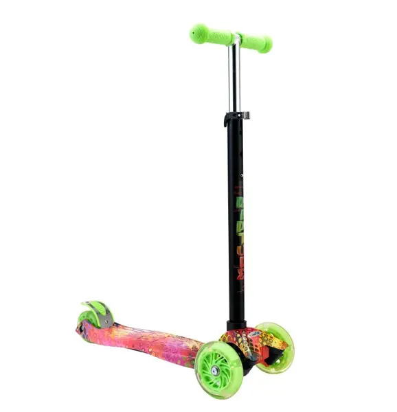 Trotineta aluminiu cu 3 roti pentru fete peste 3 ani Byox Moni Rapture roz verde cu luminite