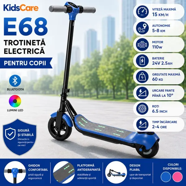 Trotineta electrica pentru copii KidsCare E68 Albastru, motor 110W, baterie 24V 2.5 Ah, viteza 15 kmh, bluetooth si lumini