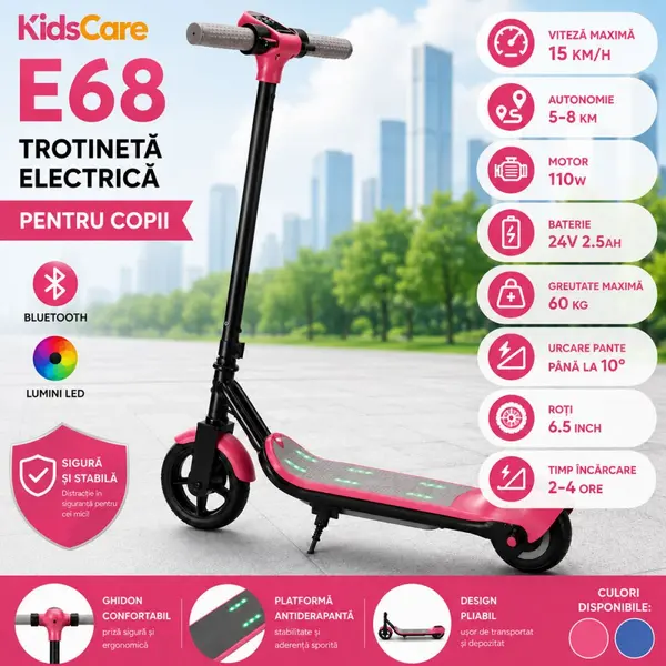 Trotineta electrica pentru copii KidsCare E68 Roz, motor 110W, baterie 24V 2.5 Ah, viteza 15 kmh, bluetooth, lumini