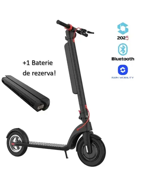 Trotineta electrica pliabila iSEN X8 2025, aplicatie dedicata, roti 10inch, motor 350W, autonomie 45km, viteza 38km/h, baterie detasabila (Negru)t + 1 baterie X8 2025 36V