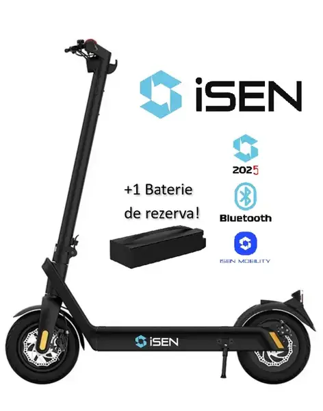 Trotineta electrica pliabila iSEN X9 Plus 2025, Bluetooth, roti 10inch, motor 850W, autonomie maxima 65km, viteza 40km/h, baterie detasabila 15.6Ah (Negru)t+ 1 baterie X9 Plus 36V