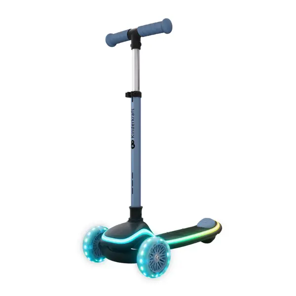 Trotineta pentru copii Kinderkraft Raket Up Blue pliabila, reglabila, cu lumini Led si scaunel