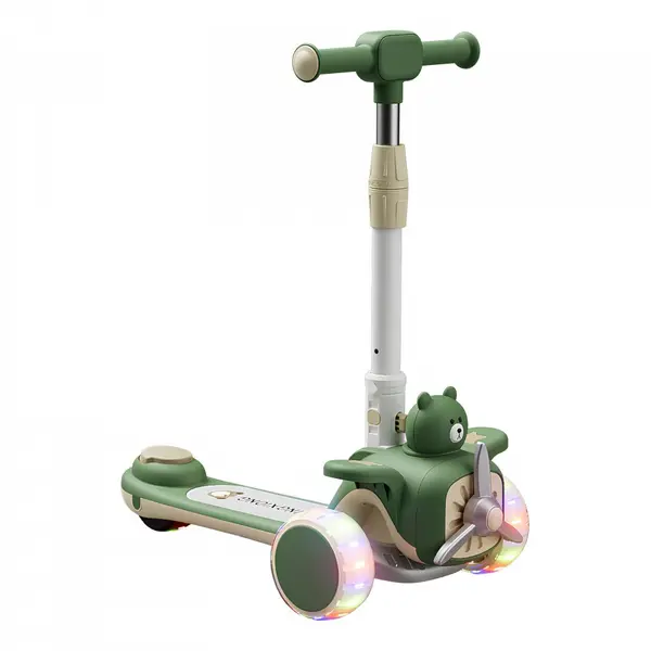 Trotineta pentru copii, Nichiduta, pliabila, cu Muzica si roti silentioase din PU cu lumini Led, ghidon reglabil pe inaltime, manere ergonomice, elice rotativa, dimensiune 59 x 30 x 73 cm, Green Bear