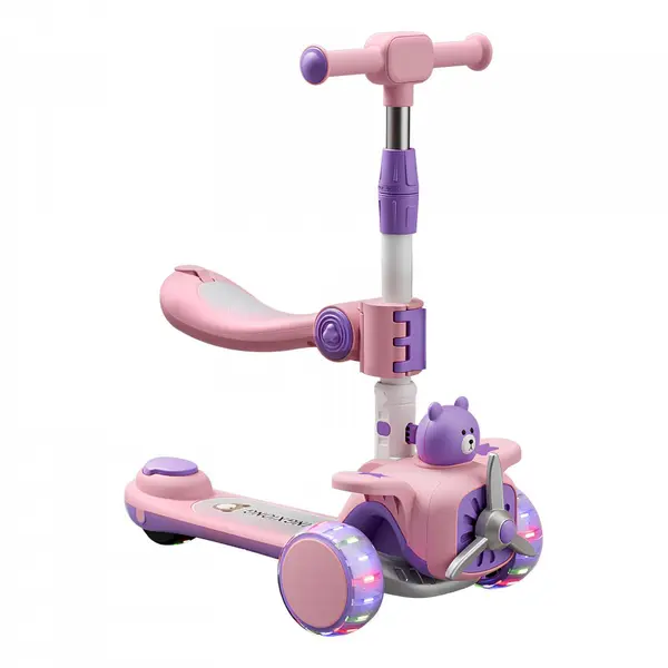 Trotineta pentru copii Nichiduta TeddyRide 3 in 1, pliabila, cu scaunel si maner parental, cu ghidon reglabil, manerele ergonomice, muzica, roti silentioase din PU cu lumini LED, dimensiune 59 x 30 x 73cm, Purple