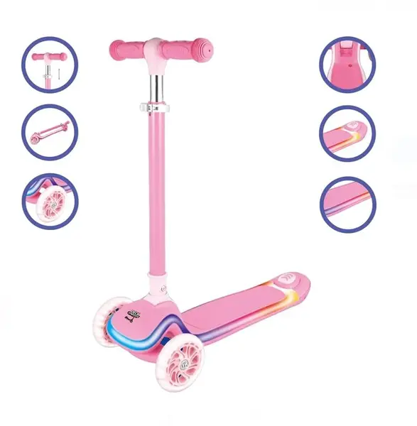 Trotineta roz pentru copii cu lumini LED, ghidon reglabil, 3 roti, +3 ani