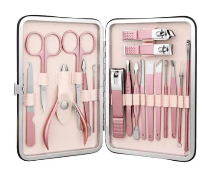 Trusa completa Mani Pedi de 18 piese din OTEL Inoxidabil si Accesorii Pentru Ingrijire Faciala ROZ
