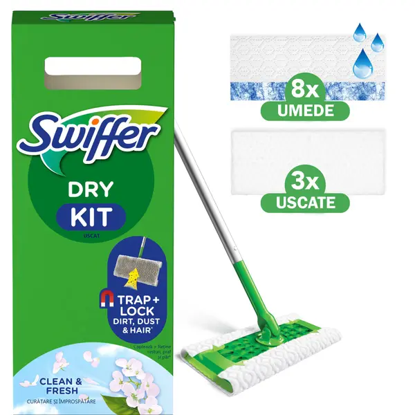Trusa de baza cu Mop Uscat Umed Swiffer Trap Lock 1 Mop, 8 Rezerve lavete uscate + 3 Rezerve lavete umede, Fresh