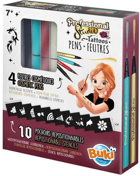 Trusă de tatuaje Buki France - Pixuri și șabloane, aurii