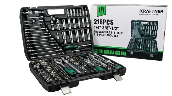 Trusa scule 216 piese KRAFTNER KF-6295, 3 chlichet - 1/2, 3/8, 1/4, crom vanadium