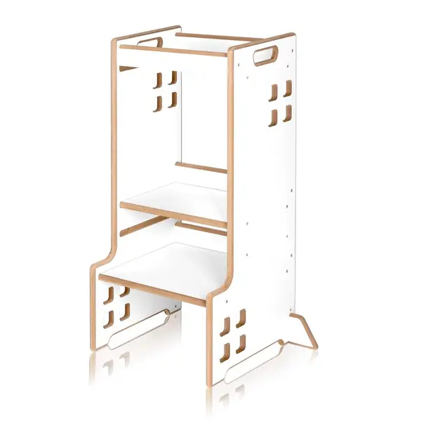 Turn de invatare Montessori, Lionelo, Cass, Functie de raft pentru carti, Pana la 30 kg, 12 luni - 6 ani, Din MDF si furnir, 3 trepte de inaltime, Alb