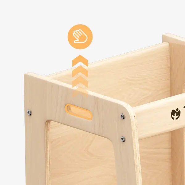 Turn de invatare multifunctional 3-in-1 Tulano Mooby 35 Natural cu structura rezistenta din MDF laminat,margini rotunjite,tabla de desen integrata,bariera de siguranta,greutate admisa 60 kg
