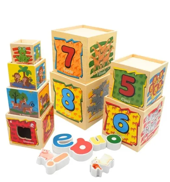 Turn Montessori din lemn - Set 8 cuburi educative cu forme, cifre si animale