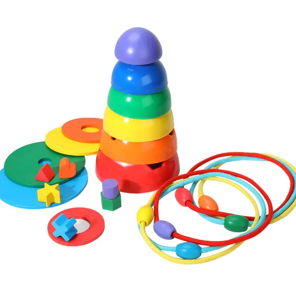 Turn Rainbow din lemn - Joc de stivuire cu forme geometrice ZukiToys.ro