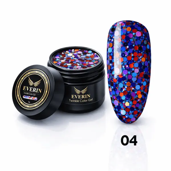 Twinkle Color Gel EVERIN 5ml – 04 | Gel Color Albastru Holografic cu Sclipici Multicolor pentru Manichiură Profesională