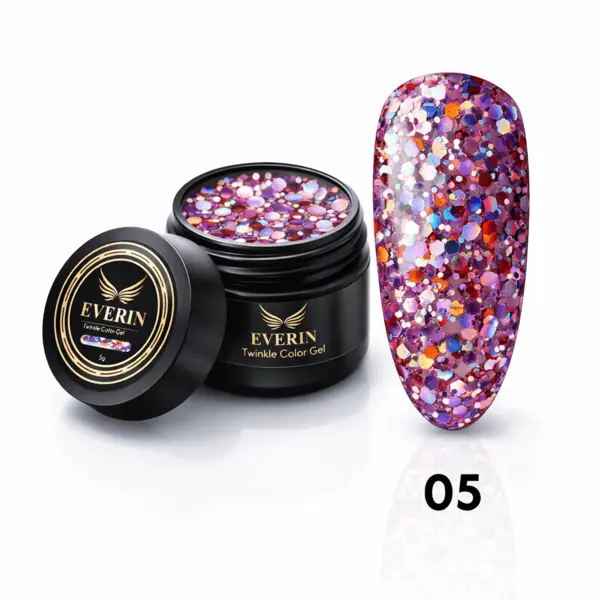 Twinkle Color Gel EVERIN 5ml – 05 | Gel Color Roz-Lila Holografic cu Sclipici Multicolor pentru Manichiură Profesională