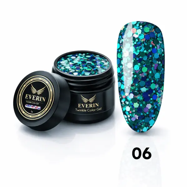 Twinkle Color Gel EVERIN 5ml – 06 | Gel Color Verde-Albastru Holografic cu Sclipici Multicolor pentru Manichiură Profesională