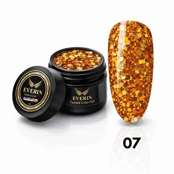 Twinkle Color Gel EVERIN 5ml – 07 | Gel Color Auriu Holografic cu Sclipici Multicolor pentru Manichiură Profesională