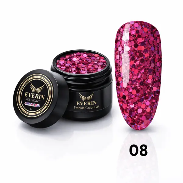Twinkle Color Gel EVERIN 5ml – 08 | Gel Color Roz Intens cu Sclipici Holografic pentru Manichiură Profesională